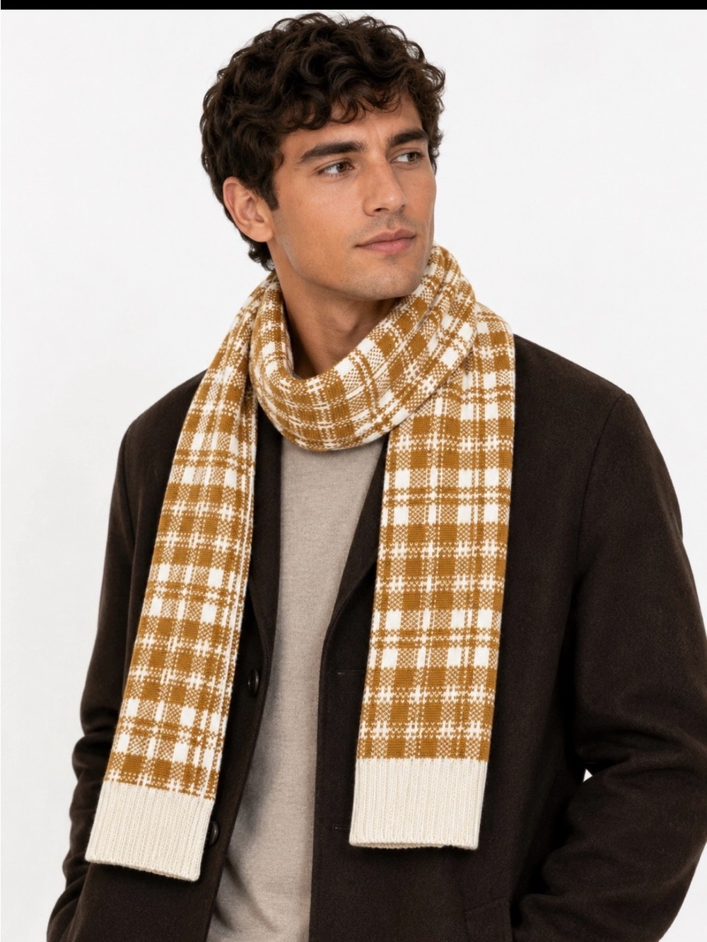 Timberland unisex scarf Plaid Knit Scarf with Ribbed Edge - White & Mustard NEW